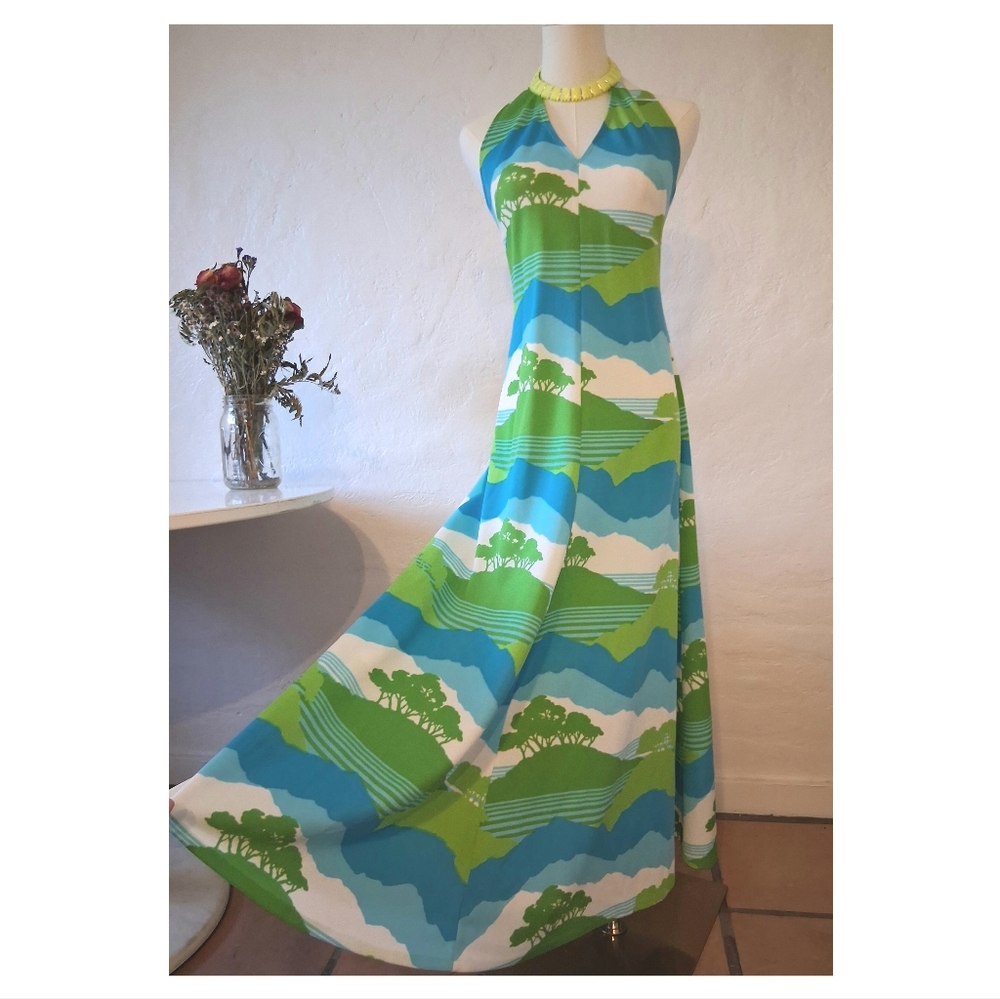 Vintage 70s Green and Blue Safari Halter Maxi Dress Maximalist Statement Summer